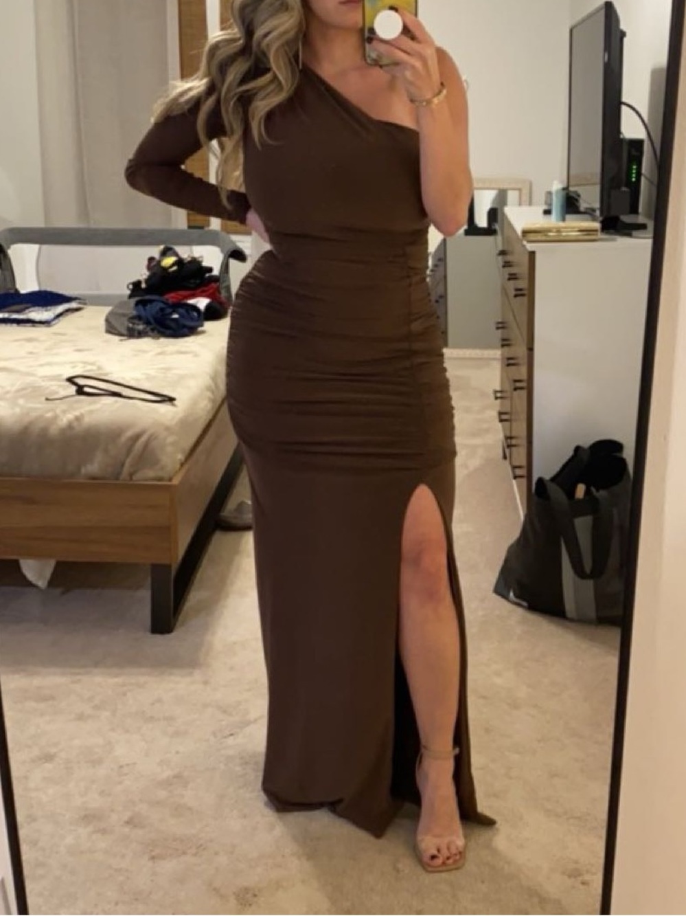 Club L London One-Shoulder Maxi Dress in Brown with Thigh Slit